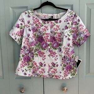 Phool‎ Women’s Floral Cropped Button Up Blouse Large Cottagecore Bloomcore